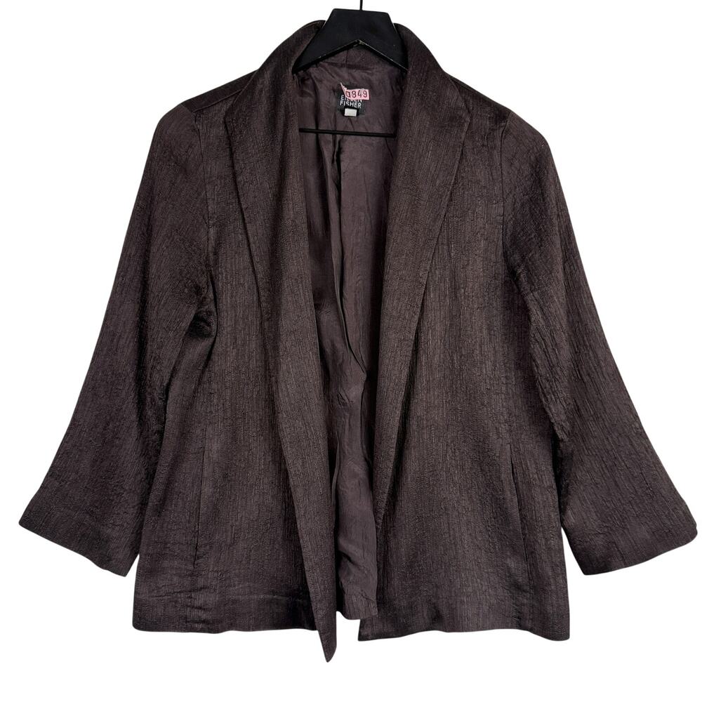Eileen Fisher Silk Wool Textured Crinkle Open Front Jacket Blazer Brown - M